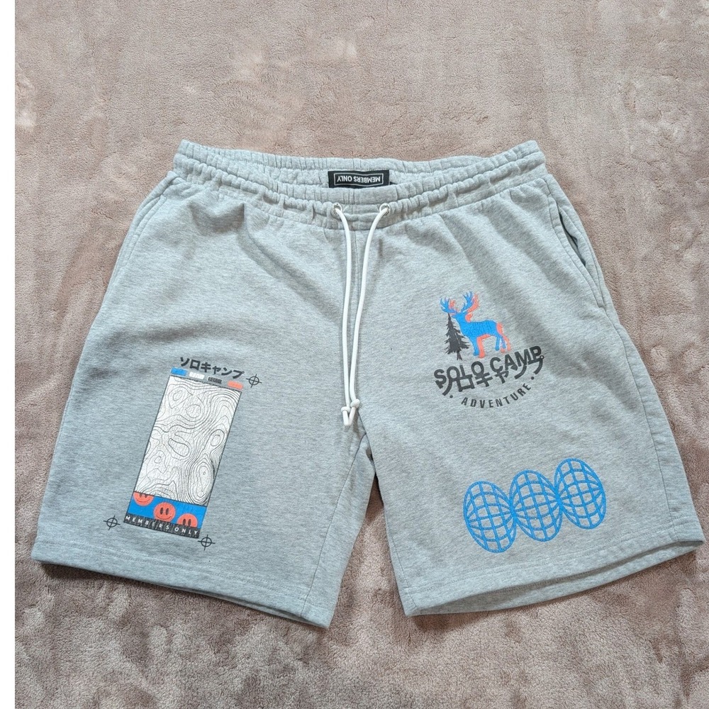 Members Only Solo Camp Adventure Shorts Mens XL Gray Graphic Sweat Shorts